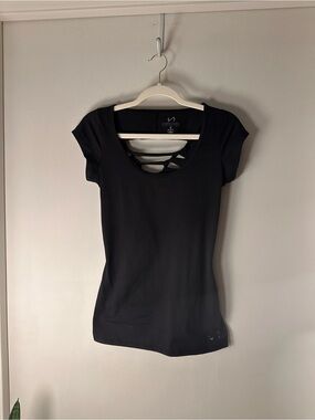 Infinity Black Short-Sleeve Scoop Neck Top top with Back Strappy Detail on back